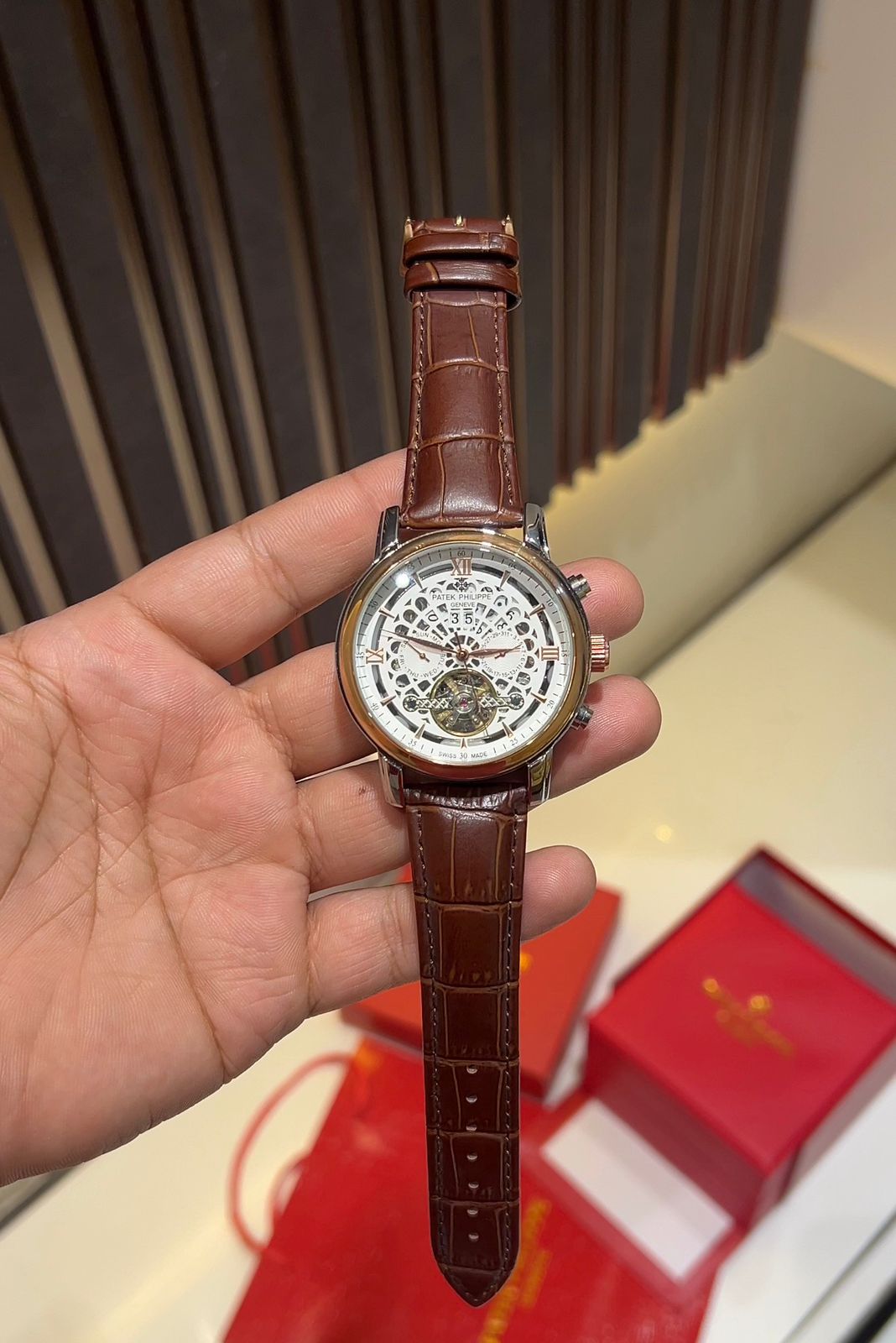 Pate_kK Philip_pe Skeleton Automatic Leather Watch